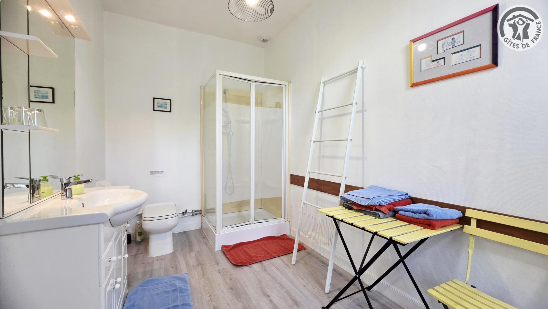 Salle d'eau avec cabine de douche et WC sanibroyeur photo 2
